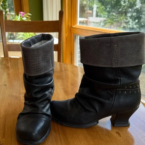 John Fluevog Black and Grayish Heeled Boots - Picture 1 of 4